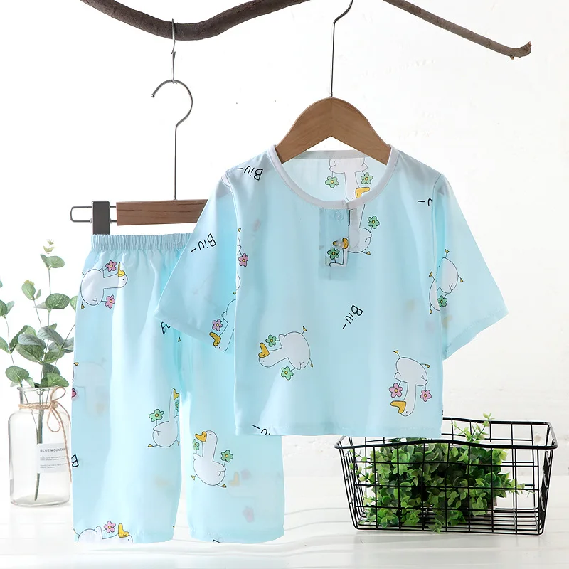 2023 New Children\'s Summer Pajamas Boys Girls Cotton Silk Three-quarter sleeve Suit Baby Thin Section Clothes Kids Home Clothe