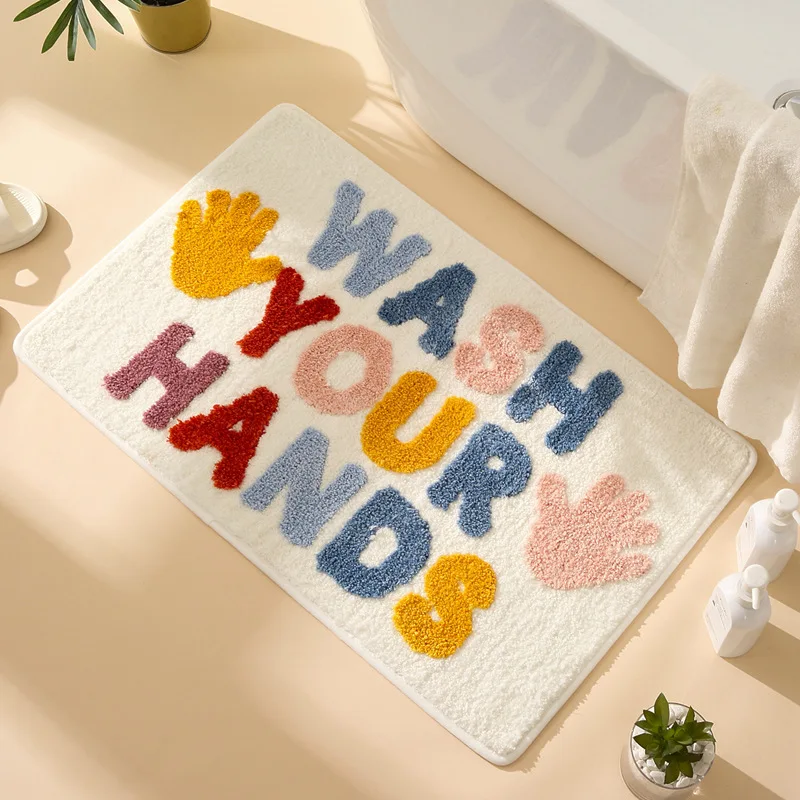 Inyahome Kids Bathroom Mat Non-Slip Microfiber Washable Cute Absorbent Bath Rug Funny Letters Modern Design Floor Carpet
