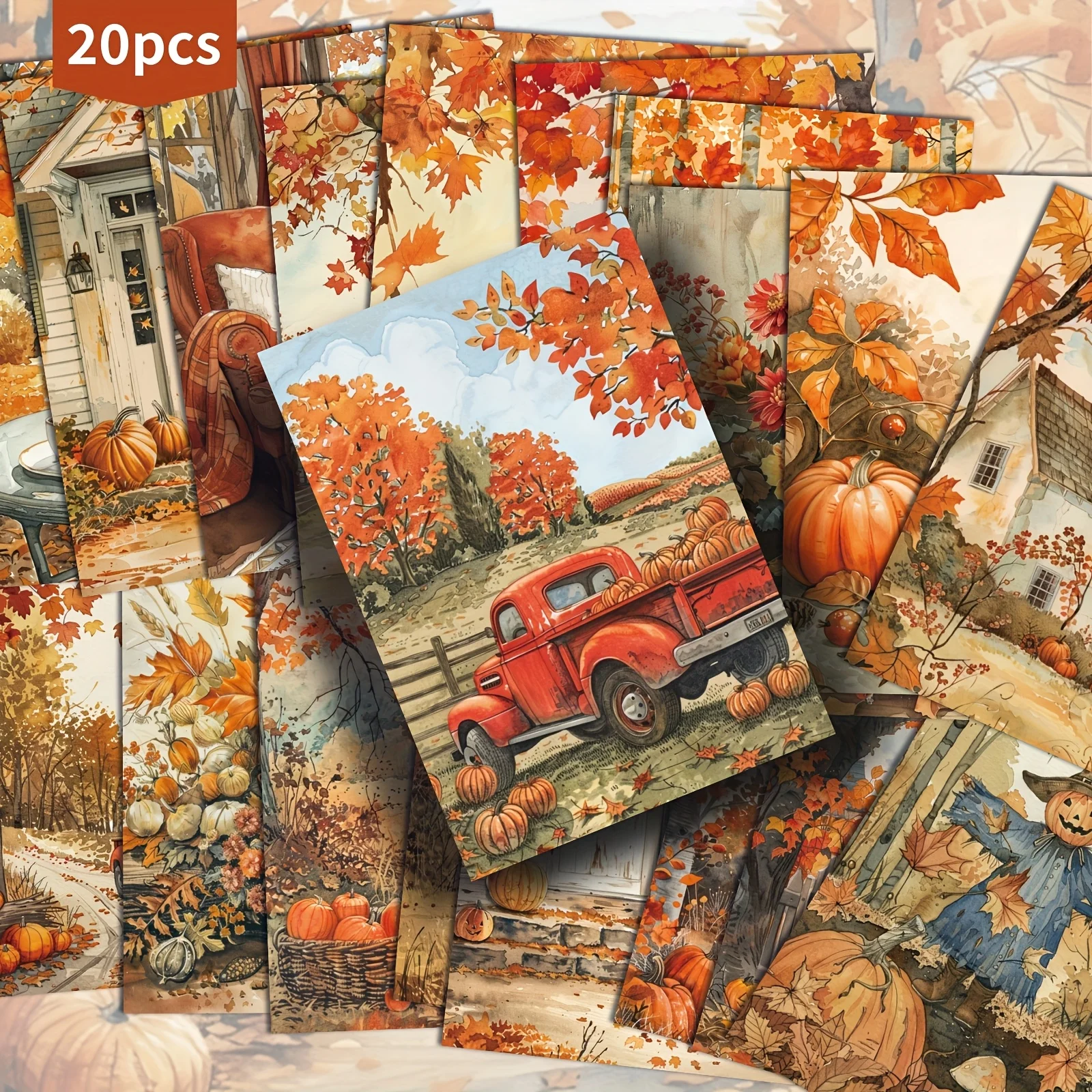 20pcs rural style autumn Thanksgiving pumpkin maple leaf postcards, suitable for scrapbooking and handmade crafts