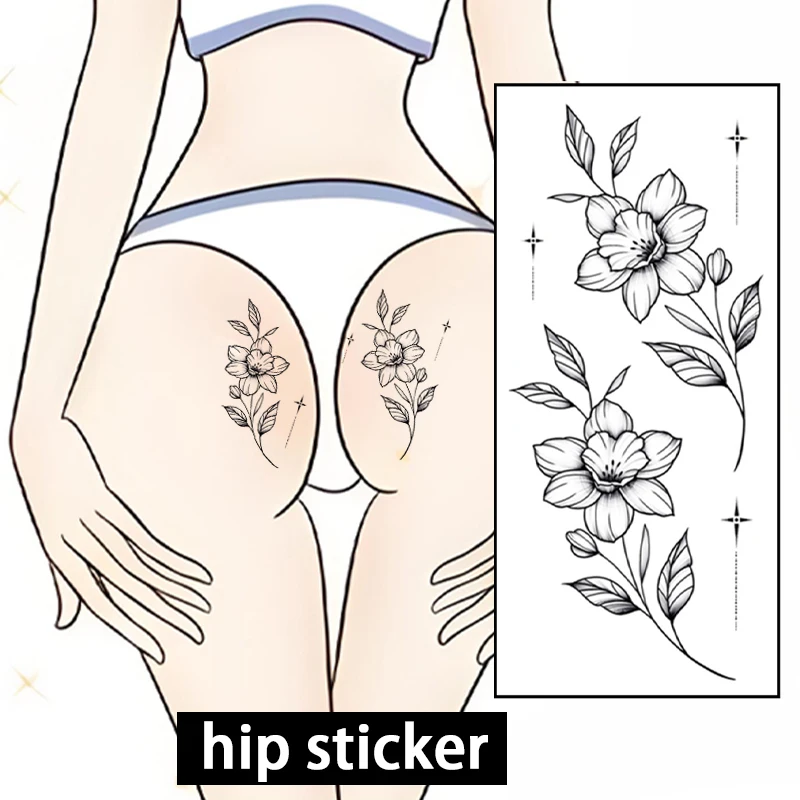 Realistic Tattoo-Colored Trumpet Flower Pattern Temporary Stickers, Sexy Buttocks and Anus Waterproof Stickers