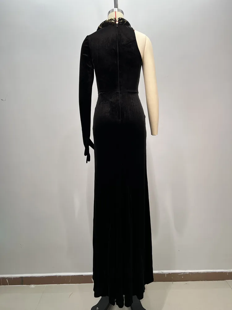 Robe longue en velours lacé pour femme, manches simples, découpe sexy, noir, maxi tambour, robe con élégante, soirée, performance sur scène, 2024