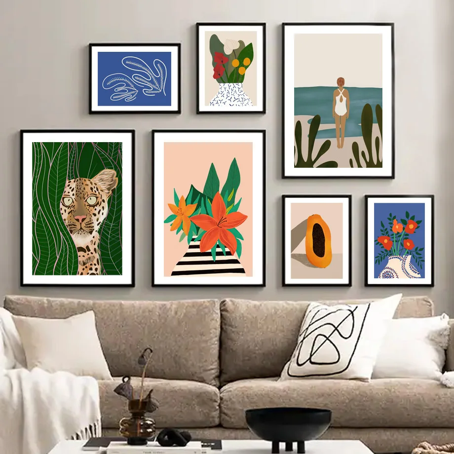 

Abstract Leopard Pool Girl Leaves Plant Vase Wall Art Mural Canvas Painting Posters And Prints Decor Pictures For Living Room