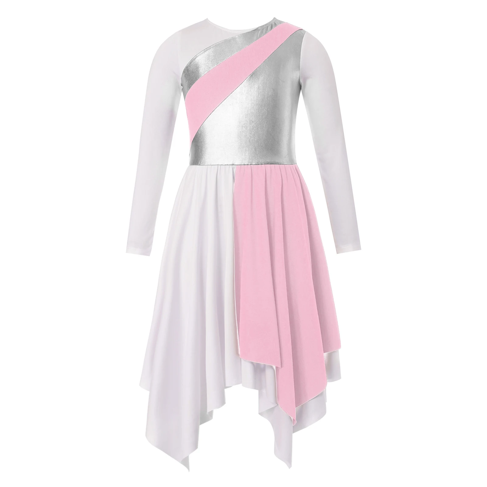 Kids Girls Praise Lyrical Dance Dress Long Sleeve Metallic Contrast Asymmetrical Skirt Worship Performance Dress Costumes