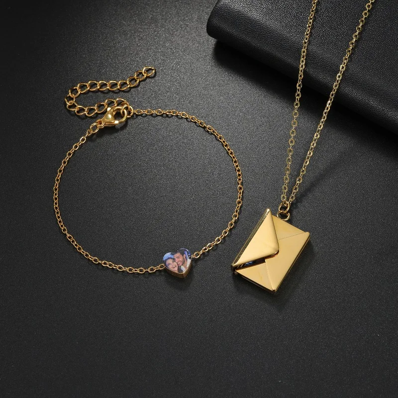 Afirstee جديد مخصص صورة ملونة مغلف قلادة سوار على شكل قلب مجموعة مجوهرات من صلب لا يصدأ للنساء الفتيات هدايا عيد الميلاد