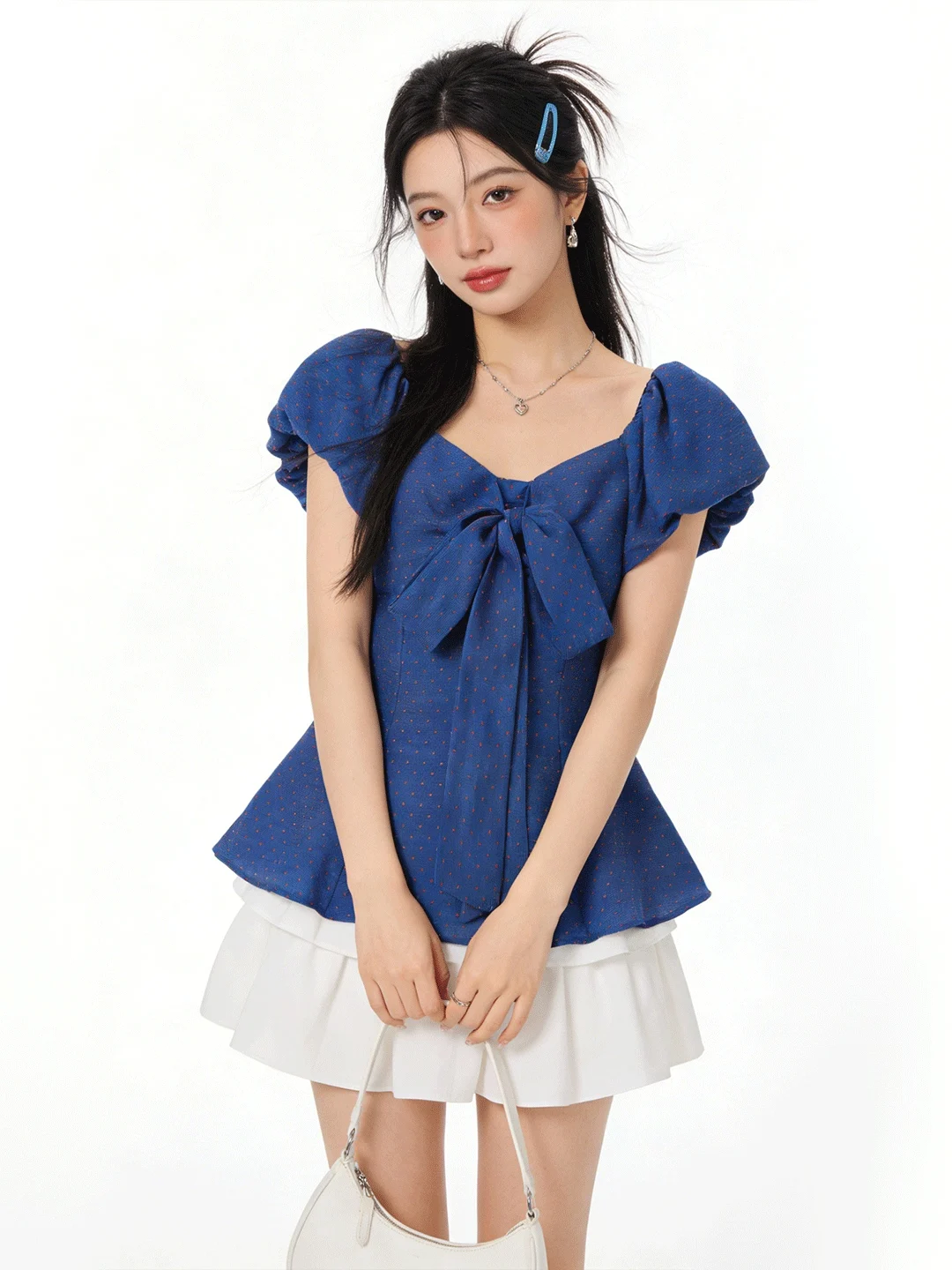 

Blue Bubble Sve irt ort Length Bow Tie Polka Dot Slimming Vintage Sle Korean Commute Faion Women's Top Spring Summ...