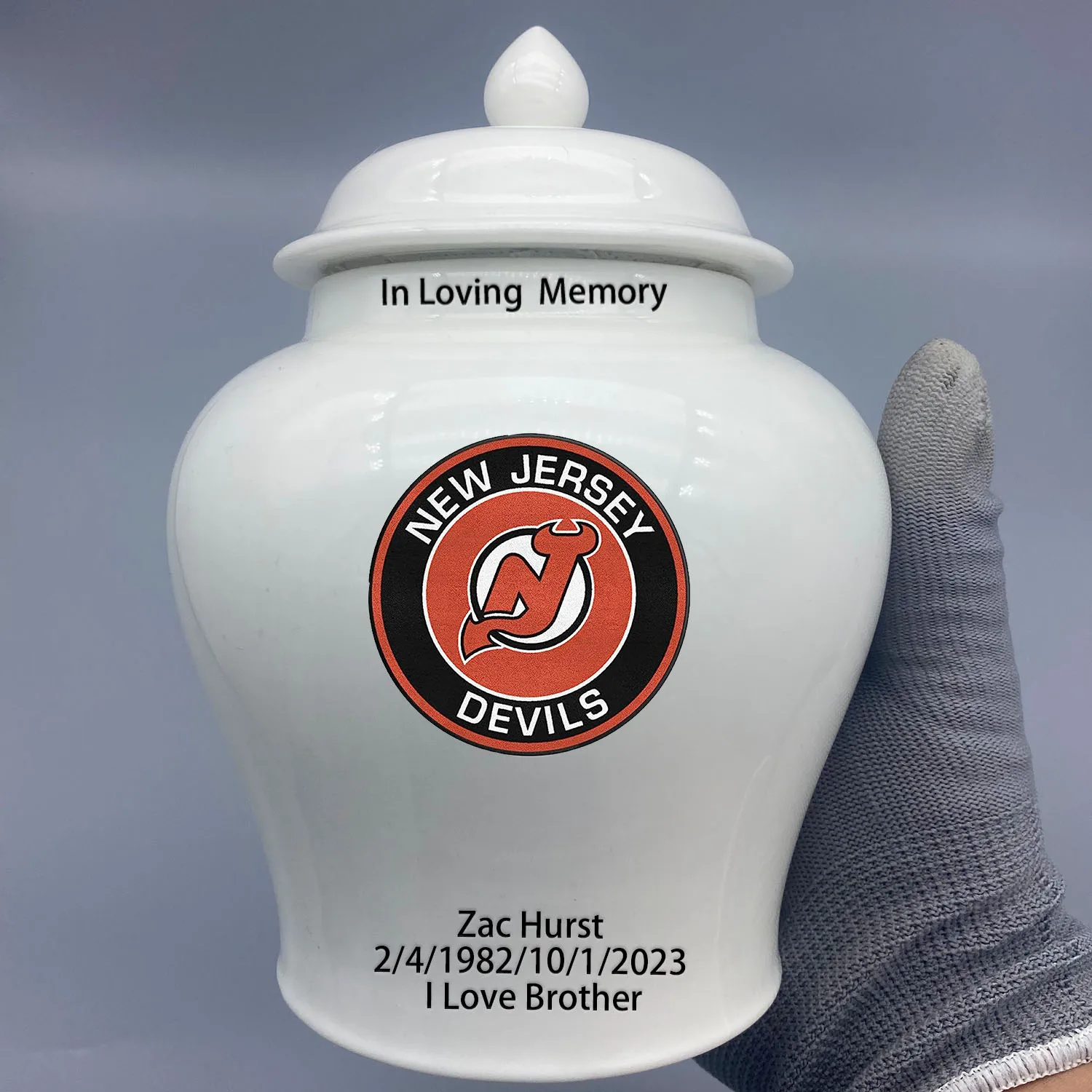 Medium Urn for New Jersey Devils-themed Hockey Urn.Please send me the customize information-name/date