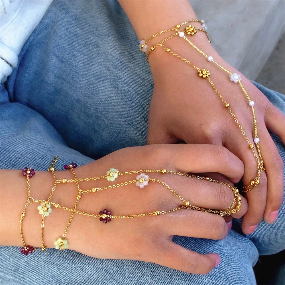 Stainless Steel Slave Beaded Hand Chain Bracelet Multicolor Flowers Finger Bracelets for Girlfriend Minimalist Jewelry Y2K