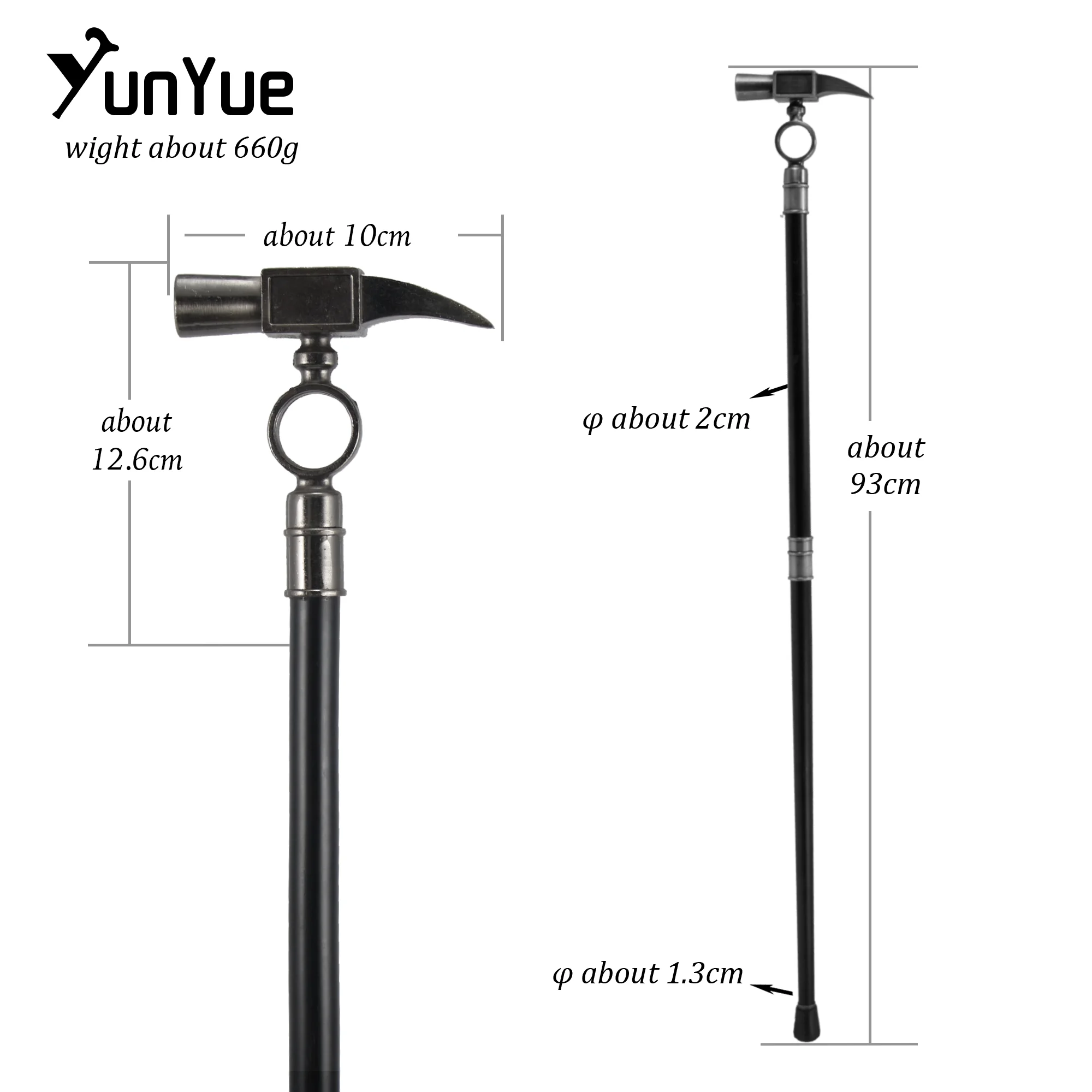 Black Hammer Fashion Walking Stick for Party Decorative Metal Walking Canes Gentlemen Elegant Vintage Cane Knob Crosier 93cm