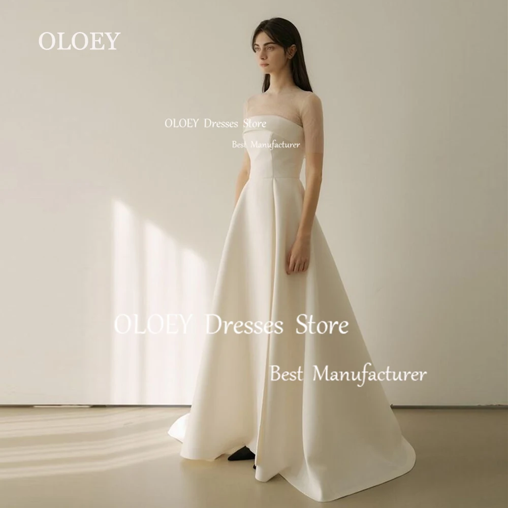 

OLOEY A Line Ivory Wedding Dress Korea Photoshoot Silky Taffeta Transparent Tulle O Ncek Bridal Gown Floor Length Corset Custom