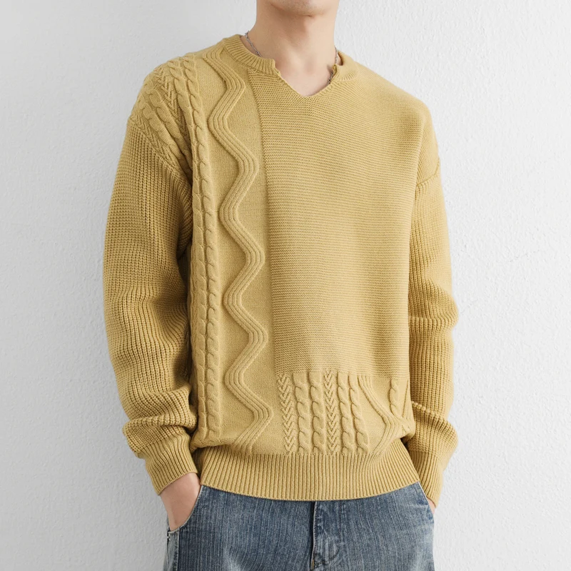 

Retro V-Ne Men's Knitted Sweater Loose Lazy Sle Twist Design Knitwear Autumn Winter Trendy Brand Woolen Sweater