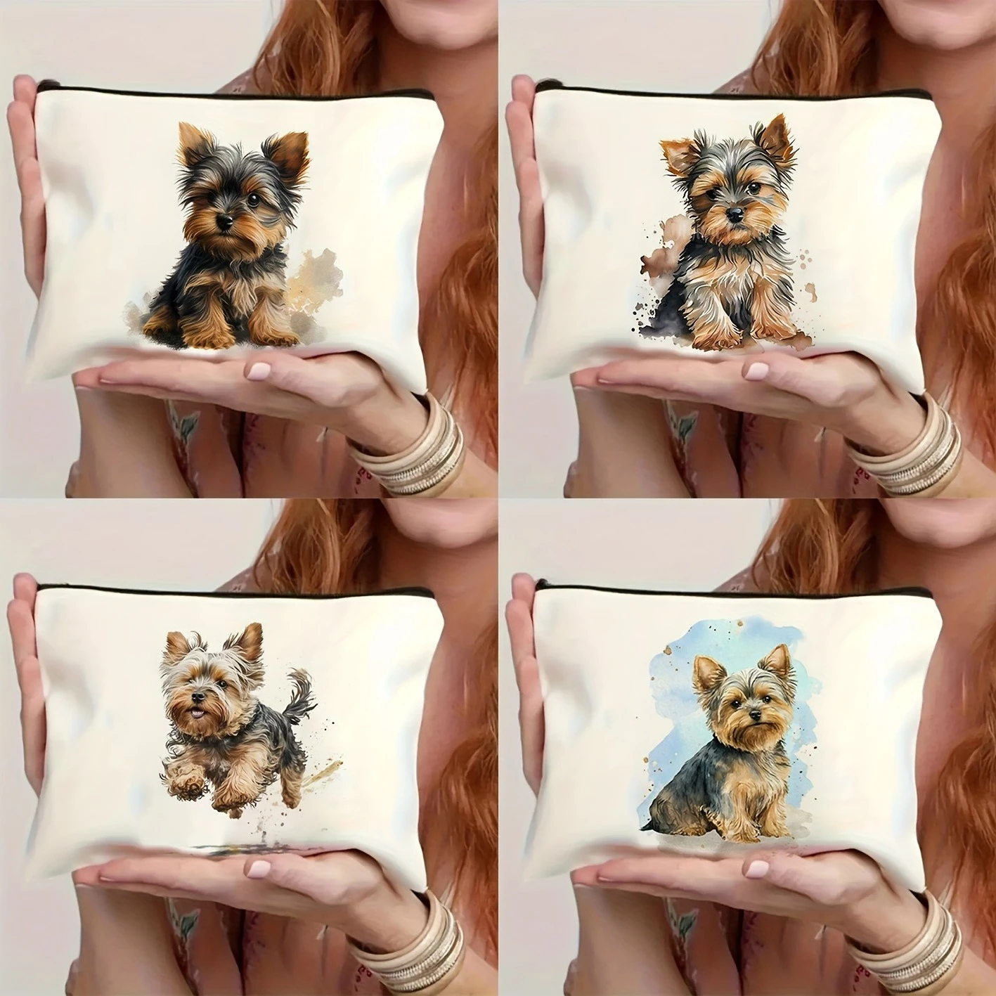 Lightweight Durable Cute Yorkshire Terrier Print Cosmetic Bag Travel Storage Bag Toiletry Organizer Zipper Closure Makeup Bag