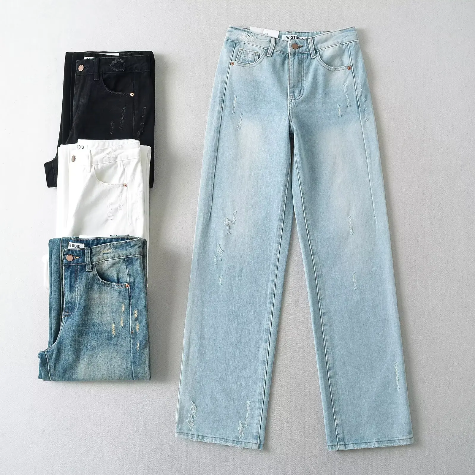 American Style Spicy Girl High Waist Straight Leg Denim Jeans Sweet Net Red Loose Slimming Casual Wide Leg Long Pants