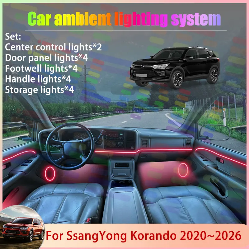 For SsangYong Korando 2020~2026 MK4 4th C300 2021 2/24 in 1 Car Atmosphere Light Lamp RGB Shade Ensemble Streamer Atmosphere Set