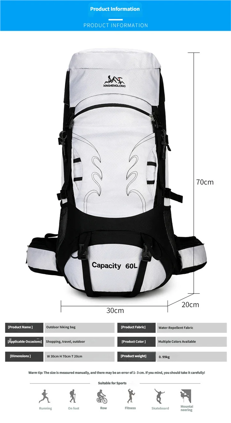 60L Outdoor Mountaineering Backpack Large Capacity Waterproof Multi Pockets Trekking Rucksack Breathable Back System For Camping
