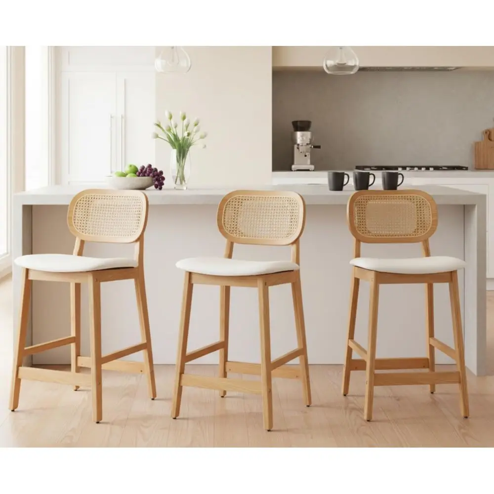 

Rattan Bar Stools Set of 3 holstered Farmhouse Barstools with Cane Back Boho Wood Kitchen Island Chairs Counter Height Bar Ch