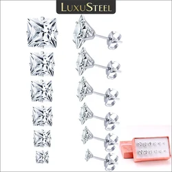 LUXUSTEEL-Juego de pendientes de acero inoxidable para hombre y mujer, aretes cuadrados de cristal blanco, bisutería de fiesta, 6 pares