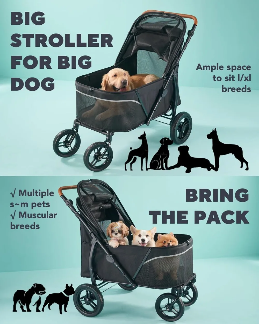 

Large Dog Stroller for Multiple Pets up to 110lbs, All-Terrain with Adjustable Handle & Mesh Windows