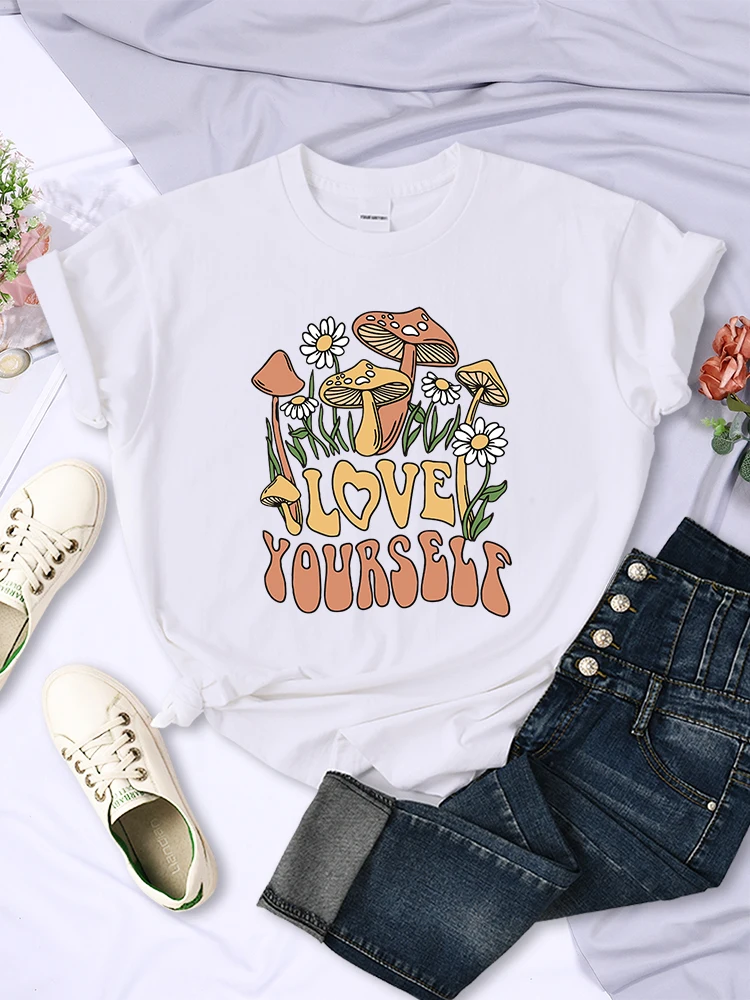 Cottagecore Style Mushroom Love Yourself Cute Printed T-Shirt Women Summer Breathable Short Sleeves Personality Hip Hop Tees