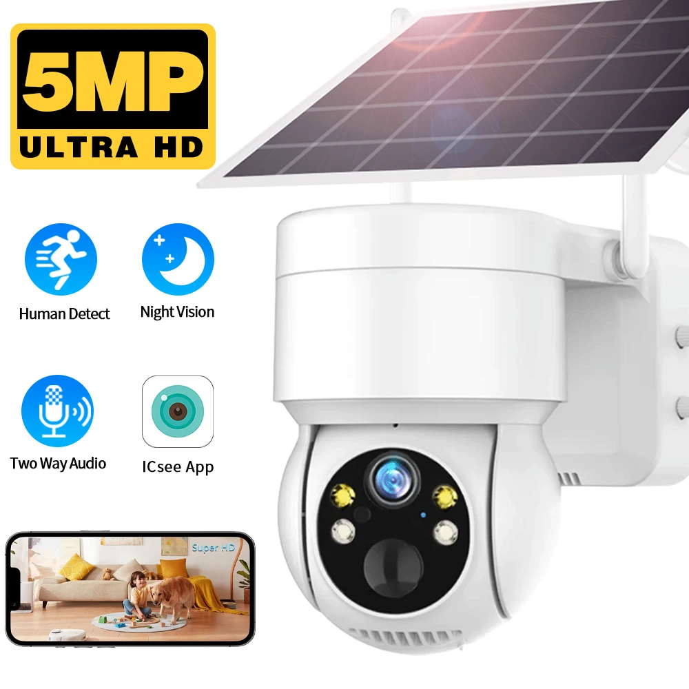 

5MP HD Solar Panel Wifi Camera Outdoor PTZ With Rechargeable Battery PIR Human Detection 2-Way Audio Wireless Security IP Camera