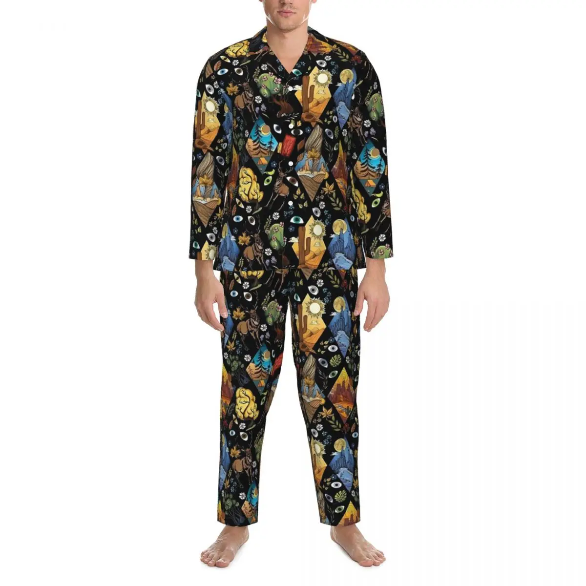 Acampamento de montanha com mau olhado pijamas primavera casual solto conjuntos de pijama de grandes dimensões dos homens mangas compridas macio sono design pijamas