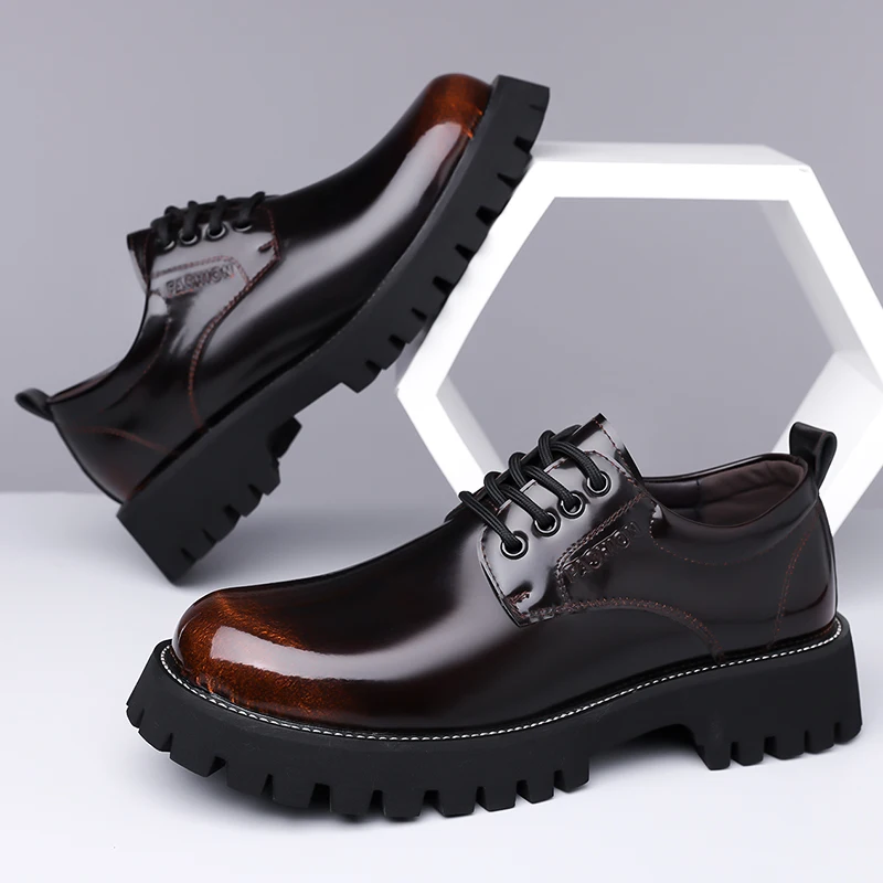 

Men's Autumn Business Formal Leather Shoes - Big Toe Derby Shoes with Thick Sole for Heightening, Casual Dress Shoes