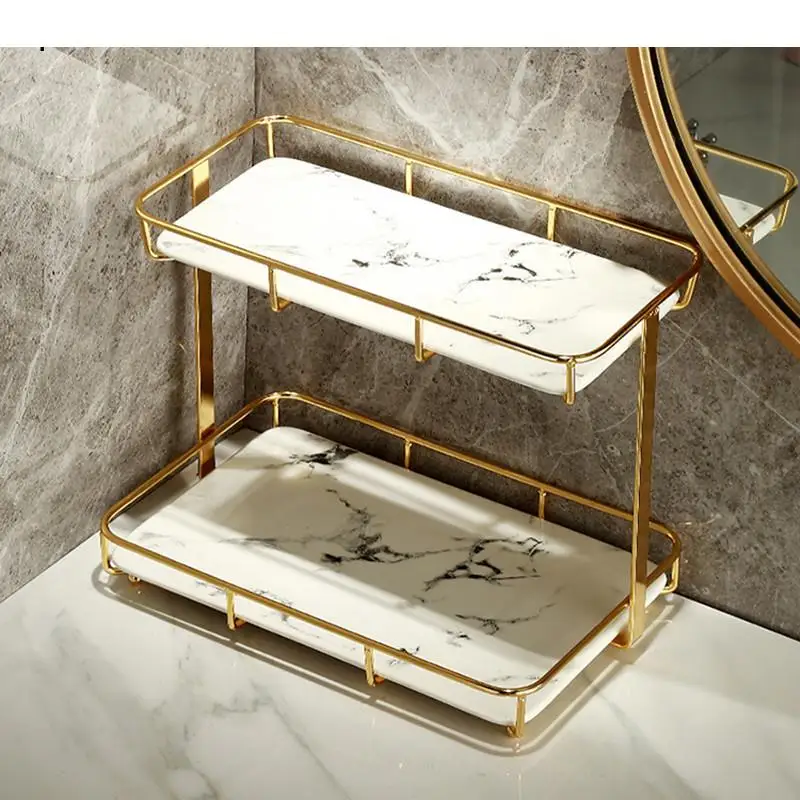 

Nordic Ceramics Jewelry Storage Tray Cosmetics Holder Home Bathroom Accessories Square Shape Dressing Table Double Layer Shelf