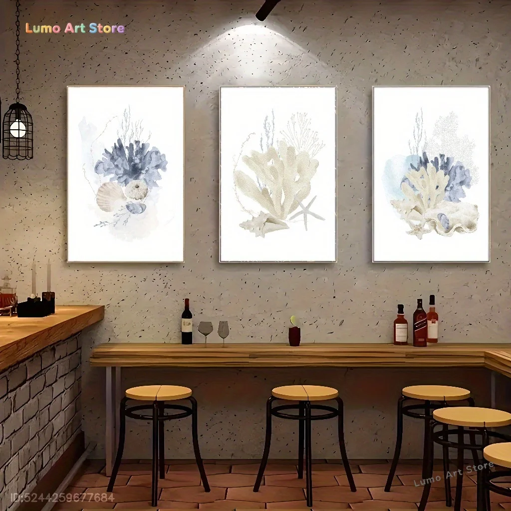 3pcs Marine Life Unframed Canvas Posters | Ocean Coral, Starfish, Mussels & Conchs Prints For Bedroom, Playroom, Living Room,