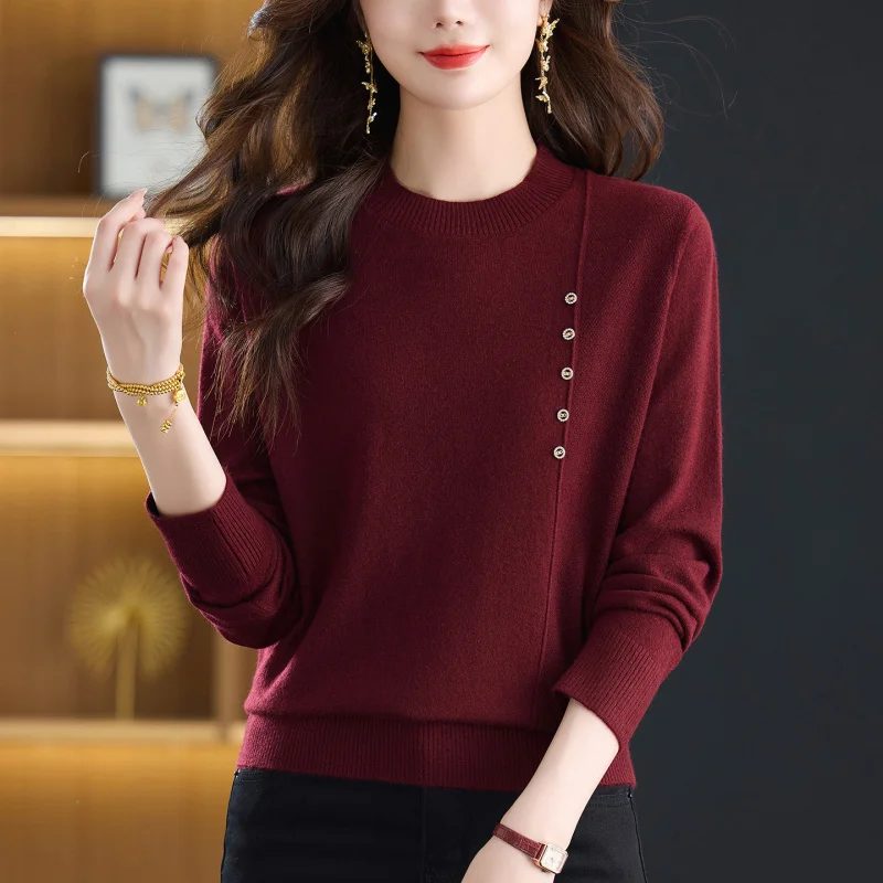 

Новый модный стильный свитер для мам среднего возраста, короткая трикотажная шерстяная базовая рубашка с круглым вырезом, осень-зима, женская внутренняя одежда