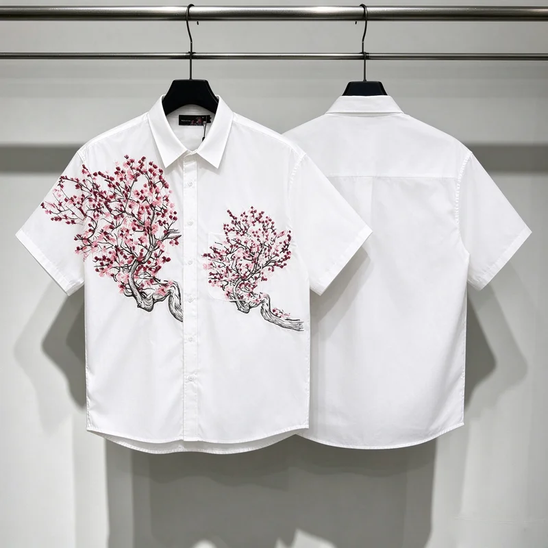 Embroidery Cherry Blossom Sakura Derschutze Short Sleeve Shirt Men Women High Quality Streetwear Loose Shirt V-shape Blouse