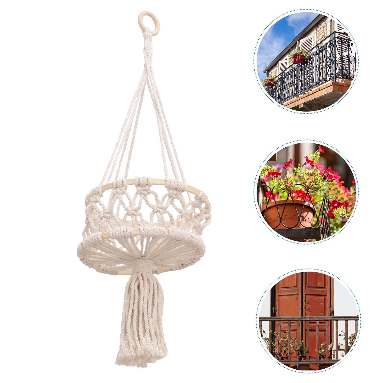

Cotton Rope Hanging Basket Woven Storage Decorative White Planter Flower Container Bonsai Rack Garden Accessories