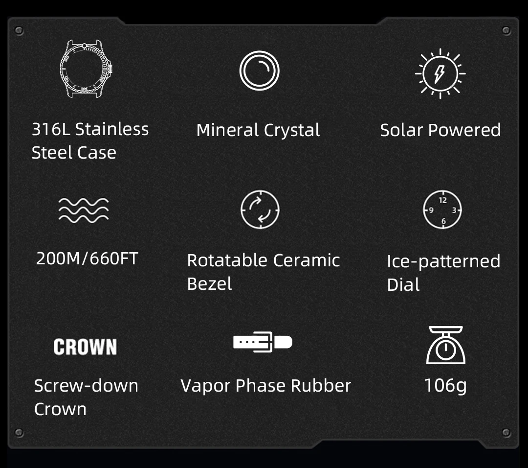 NORTH EDGE ABYSS Herren Quarzuhr Solarbetriebene Luxusuhr 200M Wasserdichte Taucheruhr 316L Stahlgehäuse 180+ Tage Energievorrat – Detail 16