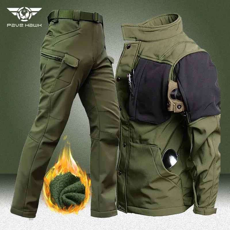 Waterproof Tactical Sets Men Winter Soft Shell Combat Jackets+Army Fleece Warm Cargo Pants 2 Pcs Suits Military Multi-pocket Set