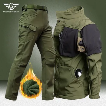 Conjuntos tácticos impermeables para hombre, chaquetas de combate de concha suave + Pantalones de carga cálidos de lana del ejército, trajes militares de 2 piezas con múltiples bolsillos, Invierno