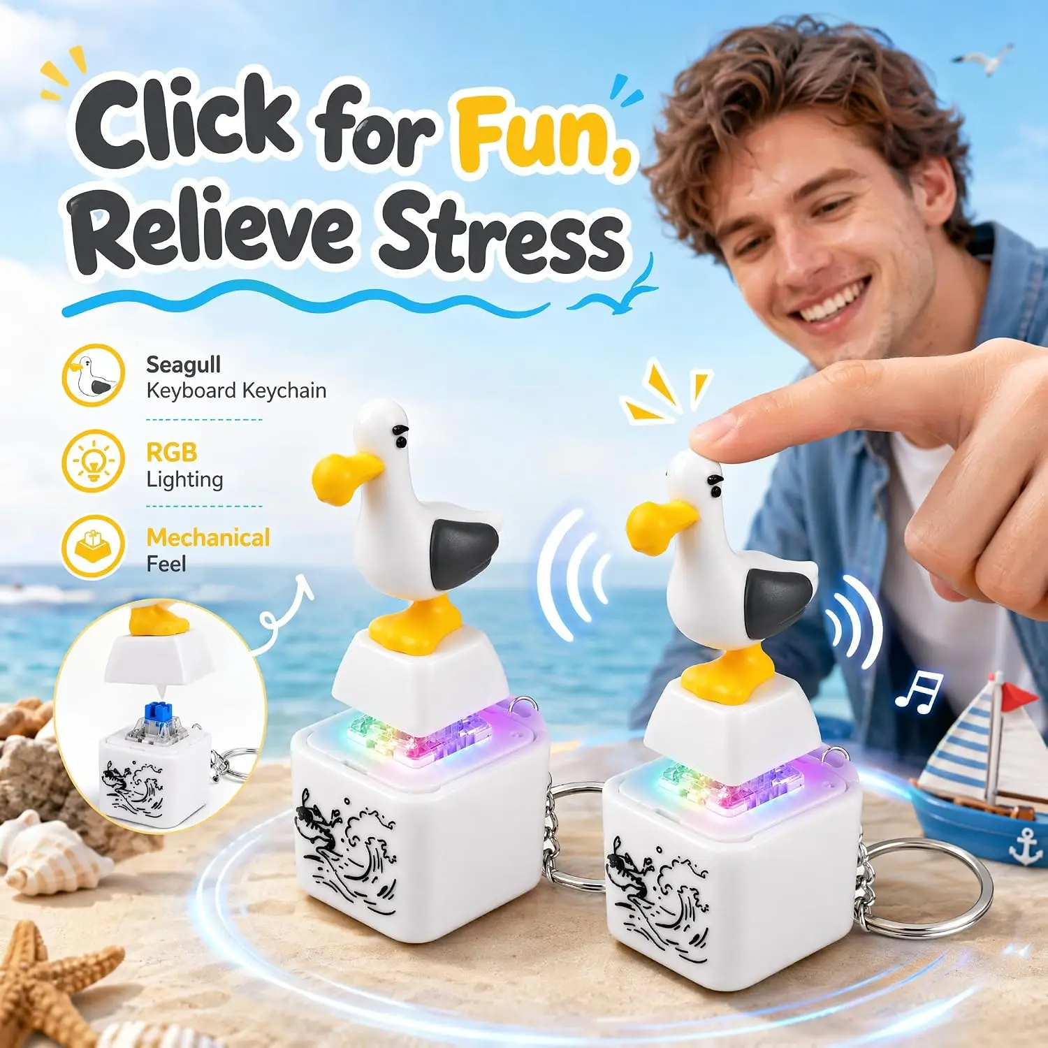 2 Pieces Keyboard Fidget Toys Seagull Keychain for Adults Kids LED Light Mini Keychain with Seagull Sound Keyboard Fidgets