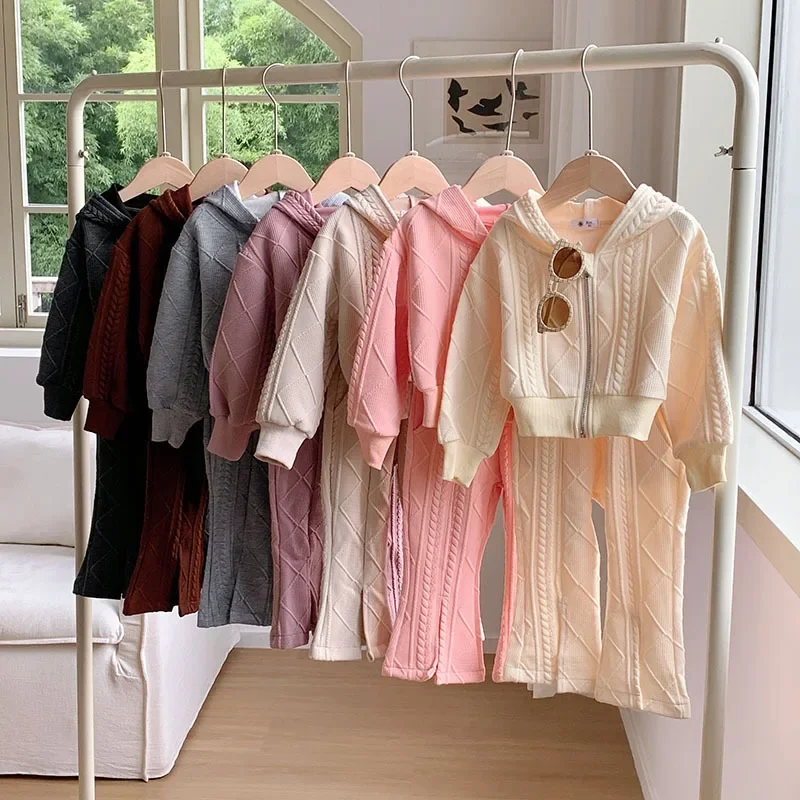 Girls Hooded Tracksuit 2-Piece Long Sleeve Zip Jacket Bell-Bottom Pants Cable Knit Textured  School Kids Casual Daily Wear 2-12Y