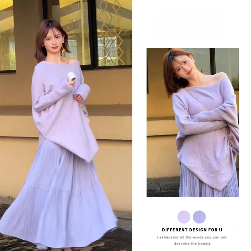 

Осень-зима, корейский мягкий фиолетовый вязаный свитер и юбка, комплект из двух предметов, женская одежда Ele Lazy Faion