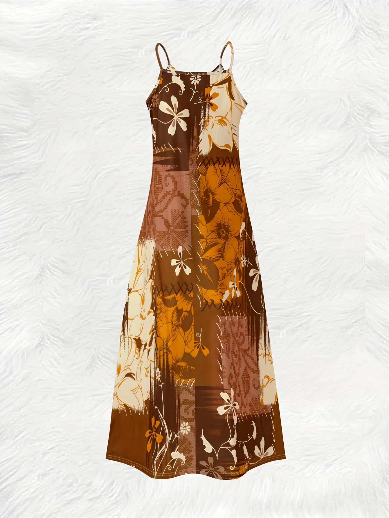 Vintage Brown Beige Floral Print Slip Dress Women Summer Casual Sleeveless Maxi Dress Flowy A Line Dress for Vacation