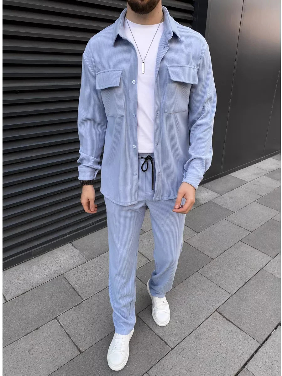 2025 Men's simple new front buckle lapel double pocket long sleeve two-piece casual sports solid color striped fashion comfortab