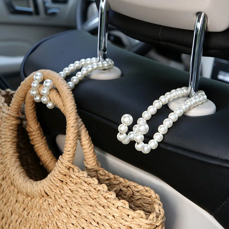 

2pcs Car Rear Seat Hook White Pearl Hanger Hook Half Open Design Auto Hook Stainless Steel Seat Headrest Hooks Car Accessorie