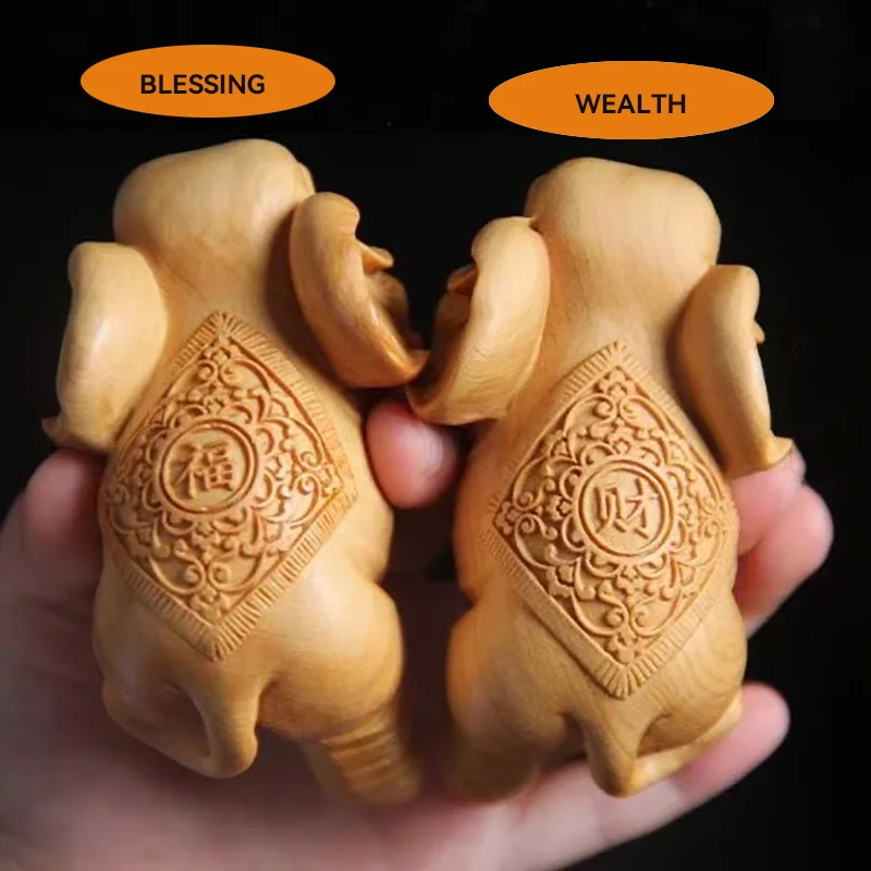 Solid wood carving Fortune, blessings Animal Elephant figurine decoration  Home Room Office Table decoration A pair