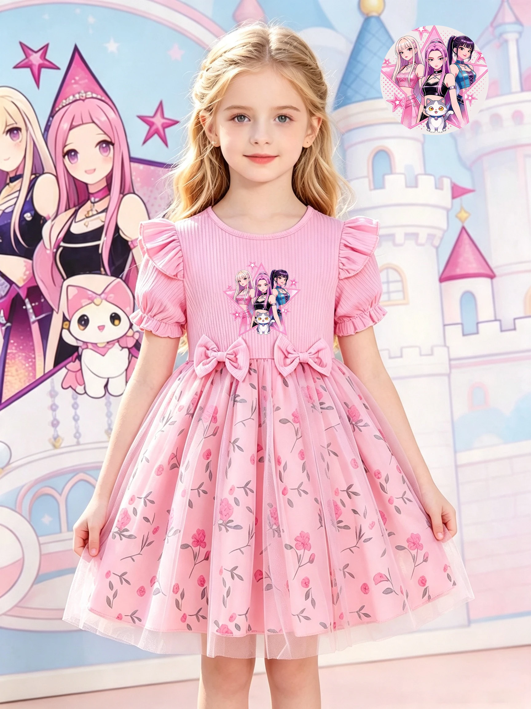 Gentle Style Girls' Pink Floral Tulle Dress, Short Sleeve Dress with Double Bow Decorations, Versatile Princess Dress for Vacati