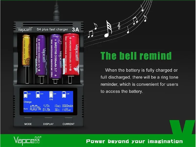 Vapcell S4+ Smart Chargers 4 Slots Max 3A Per Slot Battery Charger for 10440 14500 16340 18650 21700 26650 Charge Protection