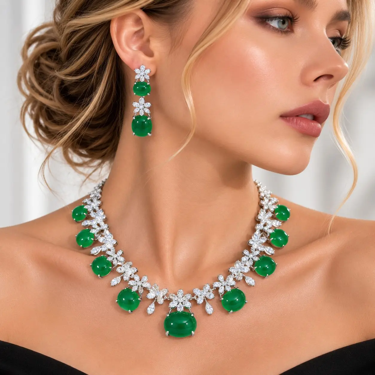 Women's Dubai Evening Party Jewelry Set Simulated Emerald Necklace And Earrings Elegant Fashion Accessory