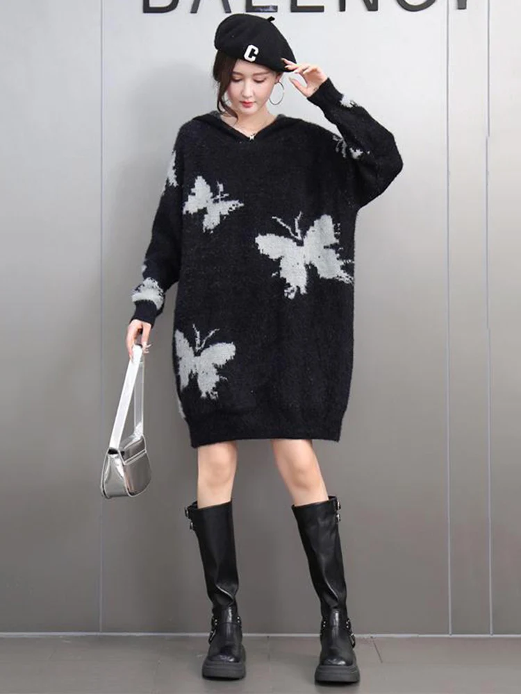 SHENGPALAE Casual Style Sweater Dress Women Chic Style Hooded Butterfly Design Thicken Warm Slim Spring New 2025 Dresses 5G544