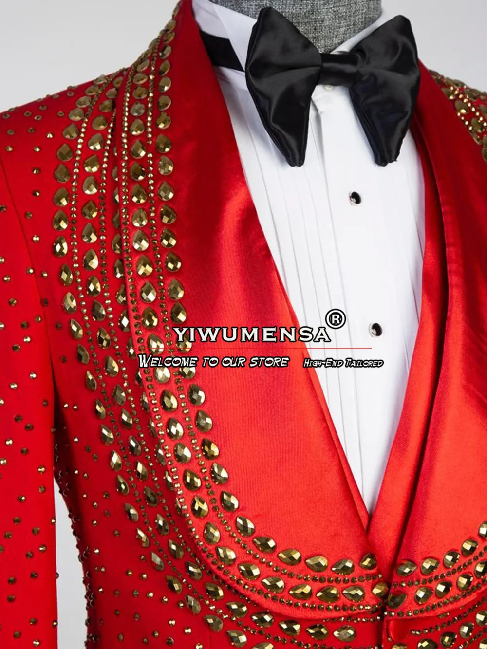 Luxury Red Wedding Suits For Men Gold Beads Handmade Jacket Vest Pants 3 Pieces Groom Man Prom Dinner Tuxeods Chic Costume Homme