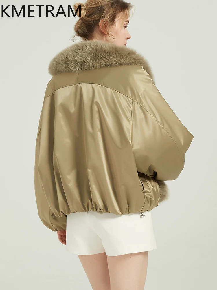 KMETRAM 100% Natural Rex Rabbit Fur with Fox Collar Double Faced Fur Coat Lantern Sleeves 2025 Woman Winter Short Clothing шуба