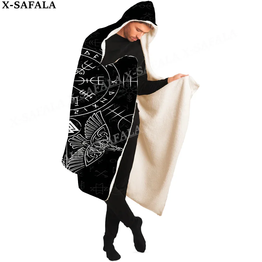 Symbol Viking Raven Tattoo Native Wolf Overcoat Hooded Blanket Coat Robe Fleece Men Women Cloak Thick Warm Windproof Wearable