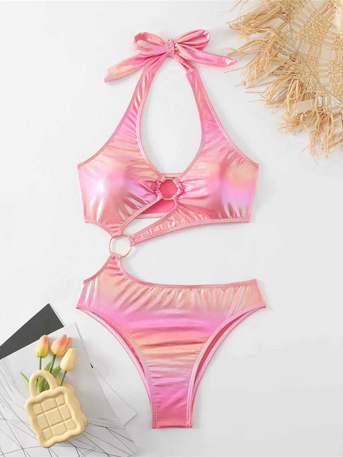 

Asymmetric PU Faux Leather Halter One Piece Swimsuit Women Swimwear Female Monokini High Leg Cut Bather Bathing Suit Swim K5336