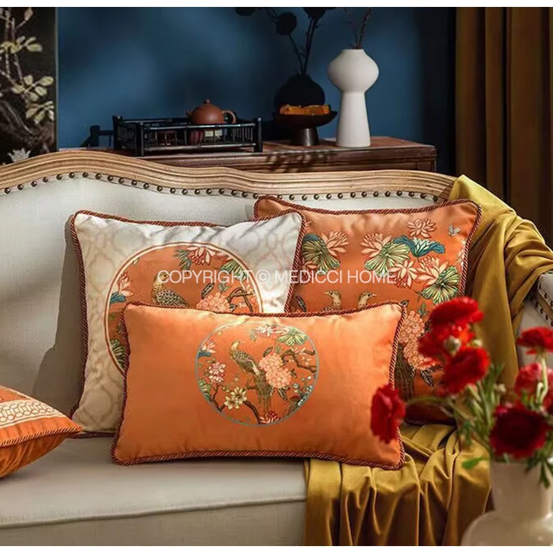 Medicci Home Oriental Art Cushion Cover Hydrangea Flower And Bird Print Accent Orange Velvet Luxury Lumbar Pillowcase 30x50cm