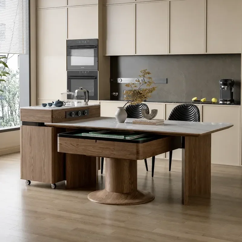 Slate Telescopic Island Table Walnut Living Room Integrated Three Purpose Mahjong Tea Dining Table Household Furniture